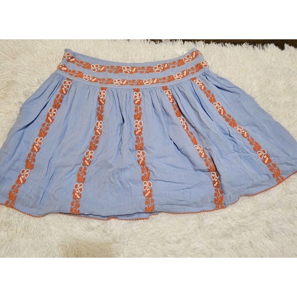 Tory Burch Skirt Womens Alexandria Light Blue with Orange Embroidery Sz 10 Boho - Picture 2 of 11